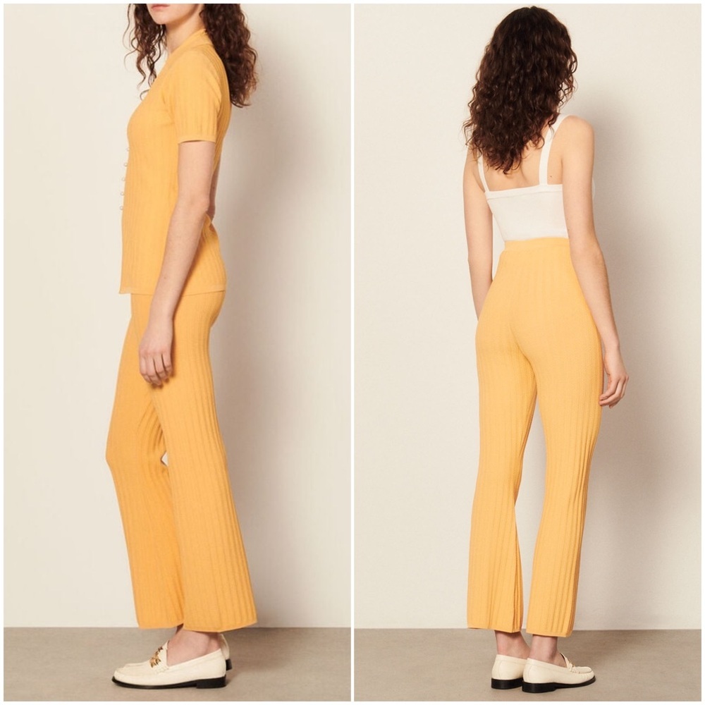 SANDRO Pointelle Trim Rib Knit High Rise Ankle Crop Bootcut Flare Leg Pants‎ M - Picture 3 of 14